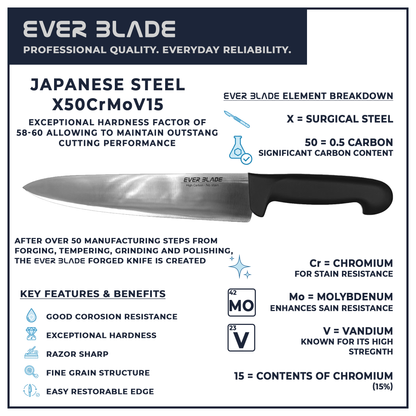 250mm chef knife blade infographic showing japanese stainless steel construction