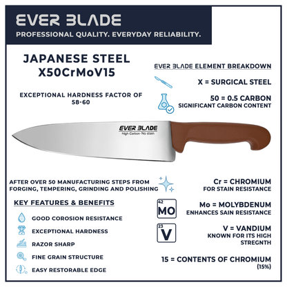 250mm chef knife blade infographic showing japanese stainless steel construction