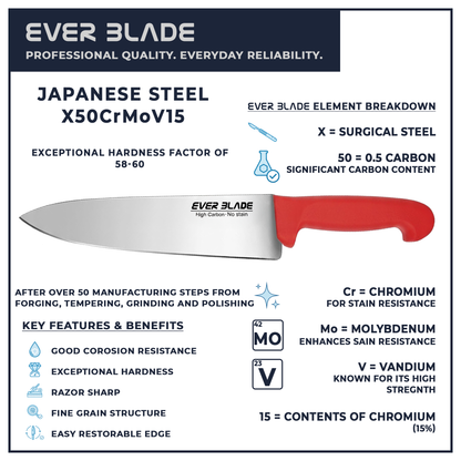 250mm chef knife blade infographic showing japanese stainless steel construction