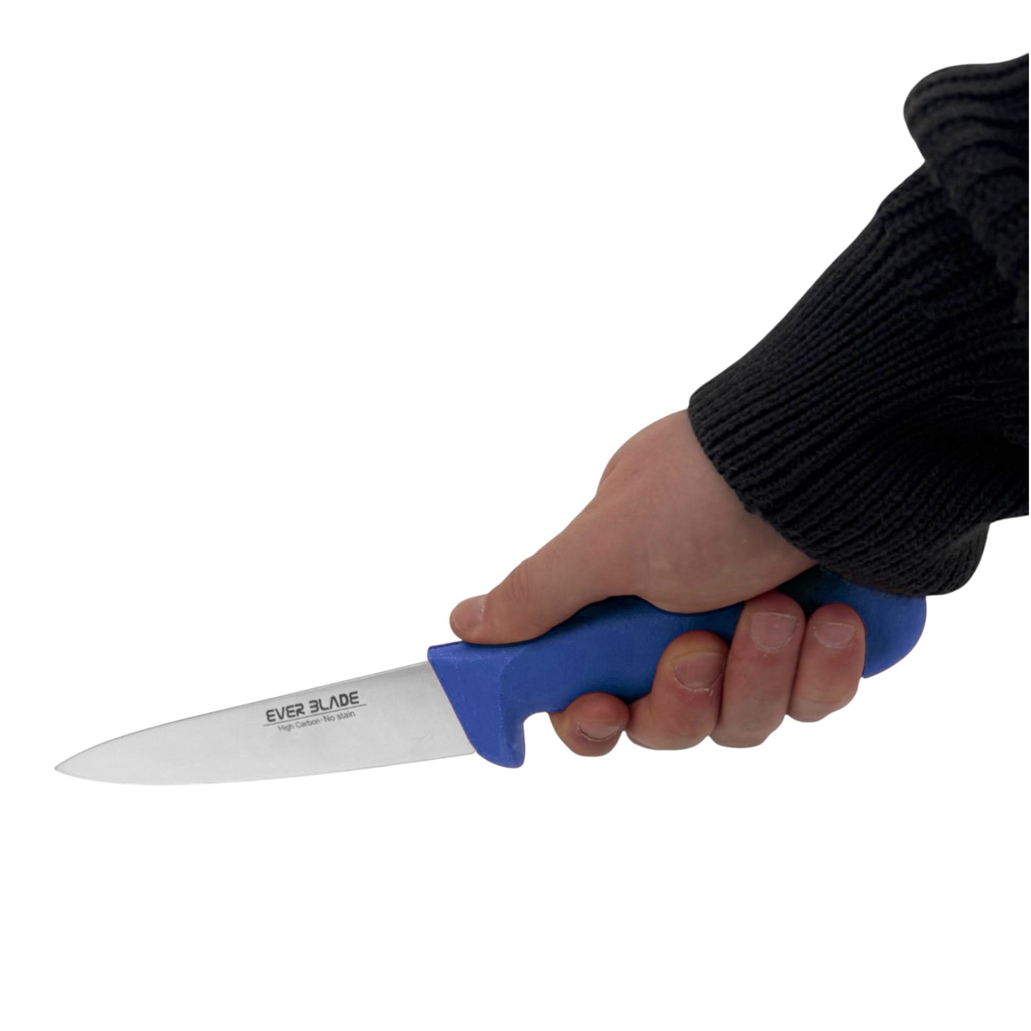 blue ergonomic handle macro detail on ever blade chef knife