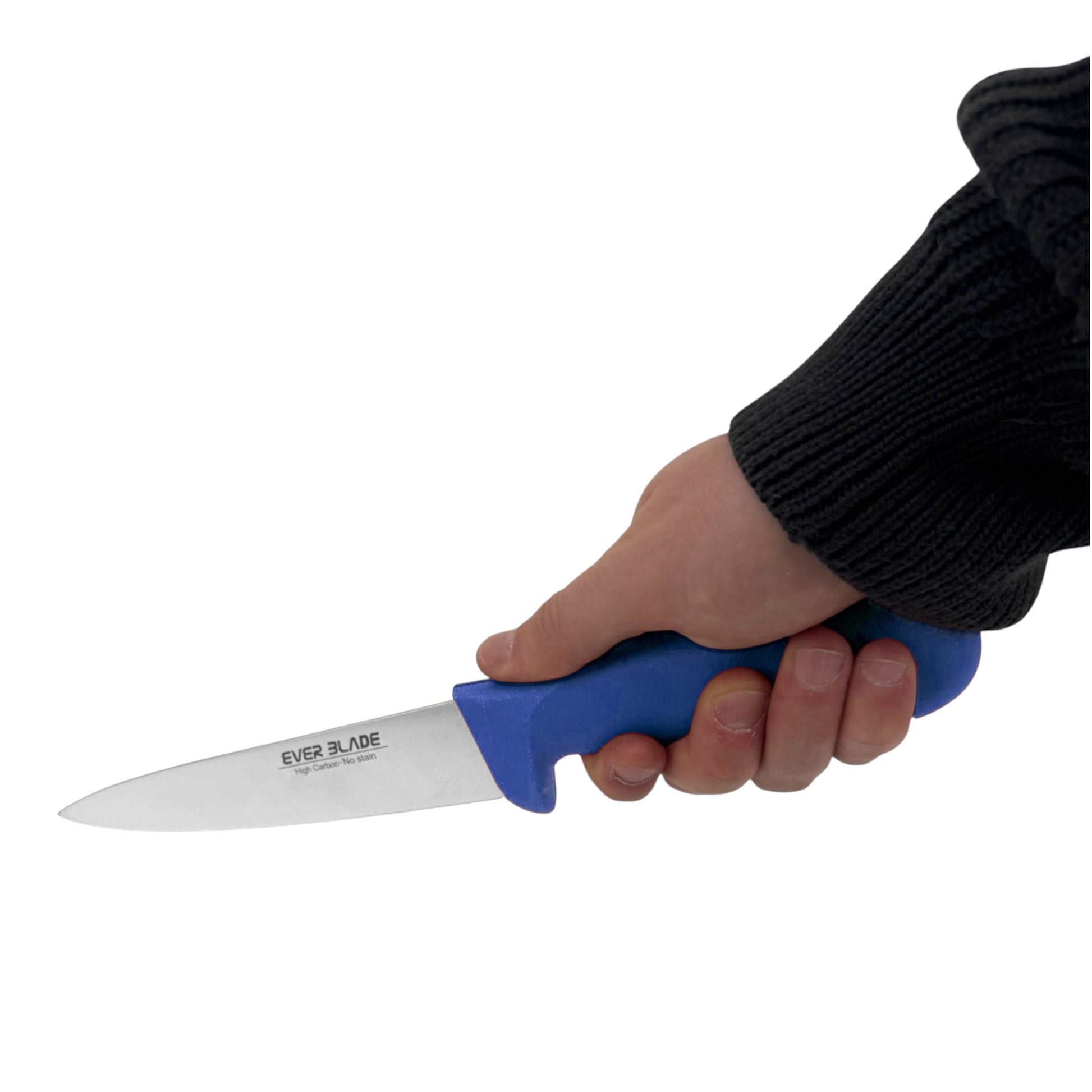 blue ergonomic handle macro detail on ever blade chef knife