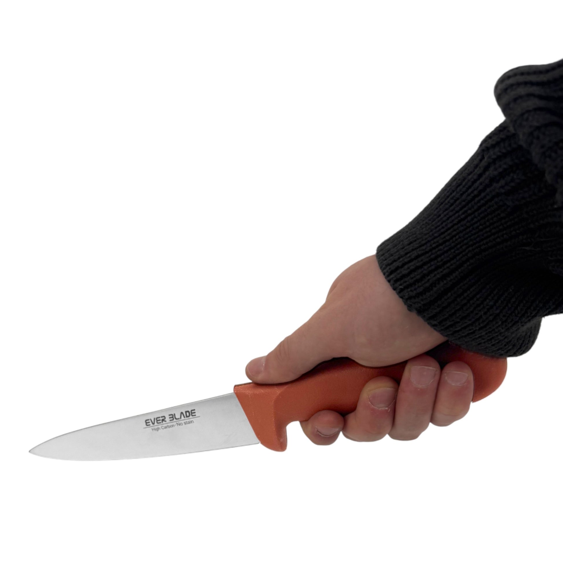 brown ergonomic handle macro detail on ever blade chef knife
