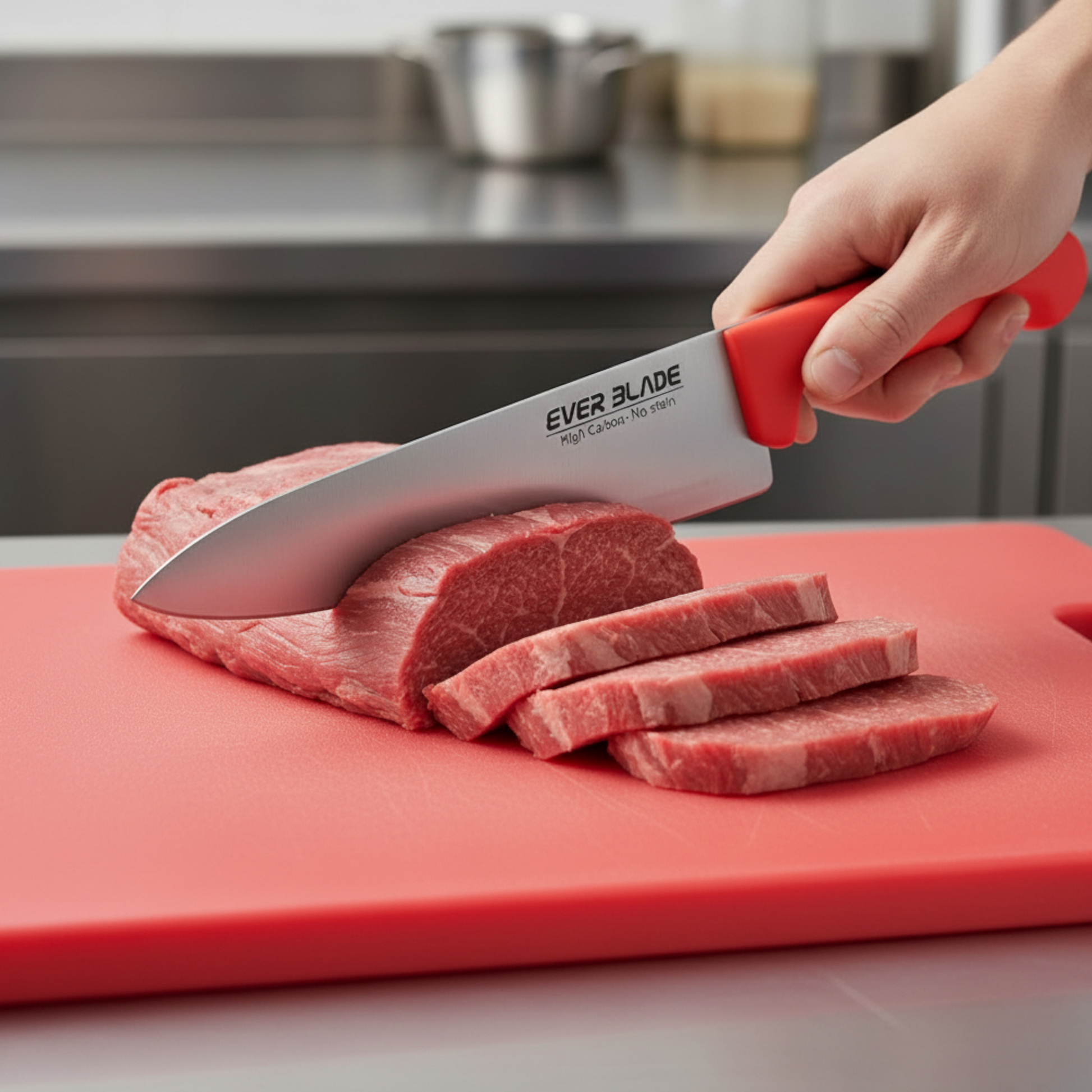 red ergonomic handle macro detail on ever blade chef knife