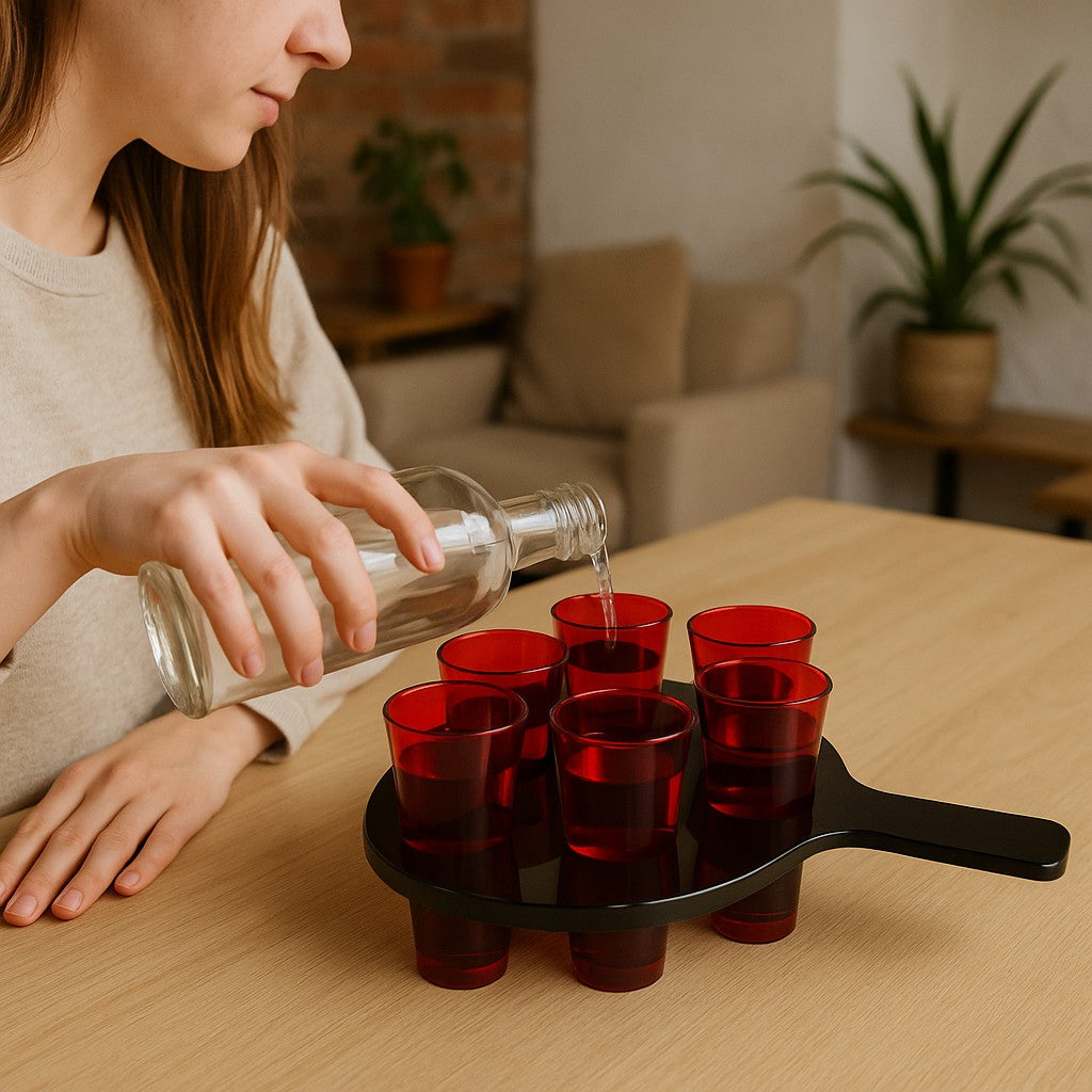 6-Hole Black Shot Glass Holder, With 6 Red Shot Glasses - Premium Kitchen from Chabrias Ltd - Just £9.99! Shop now at Chabrias Ltd