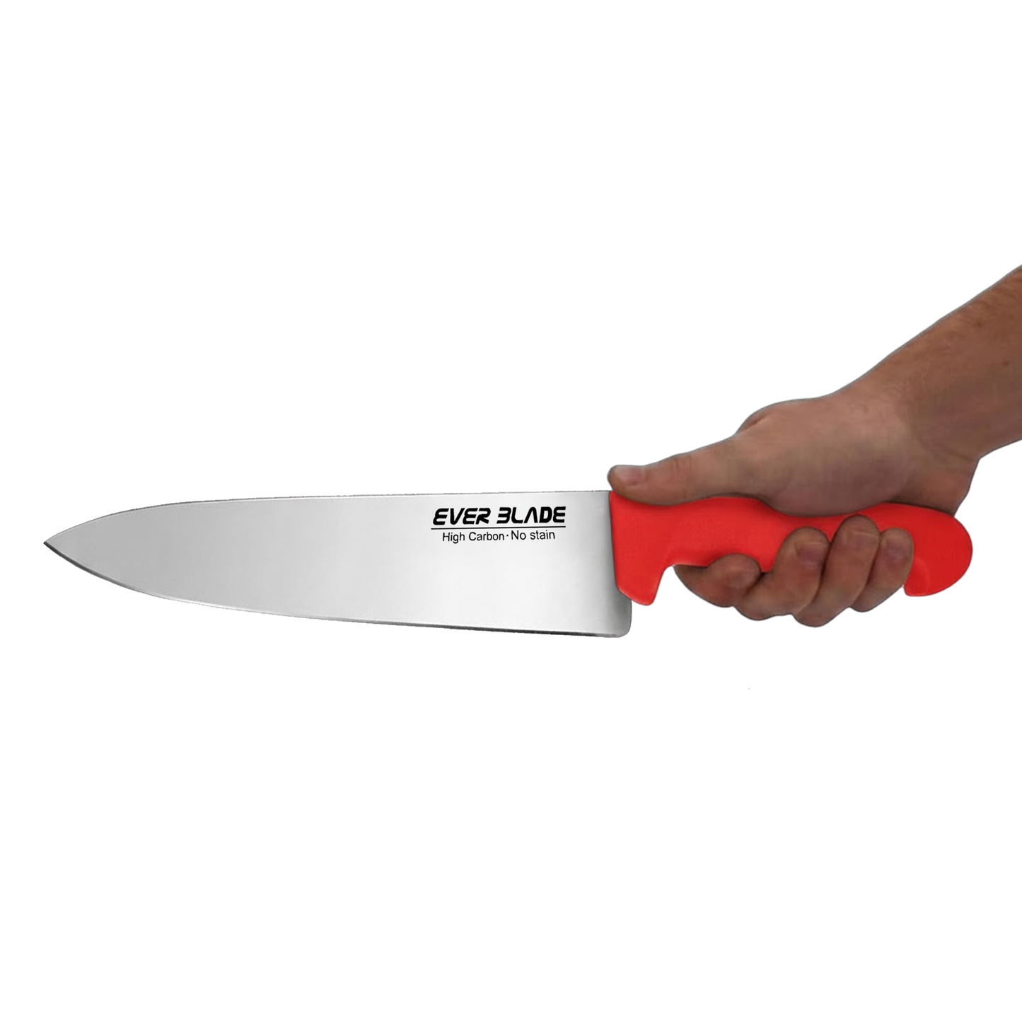 ever blade chef knife 250mm red handle held in hand for size reference