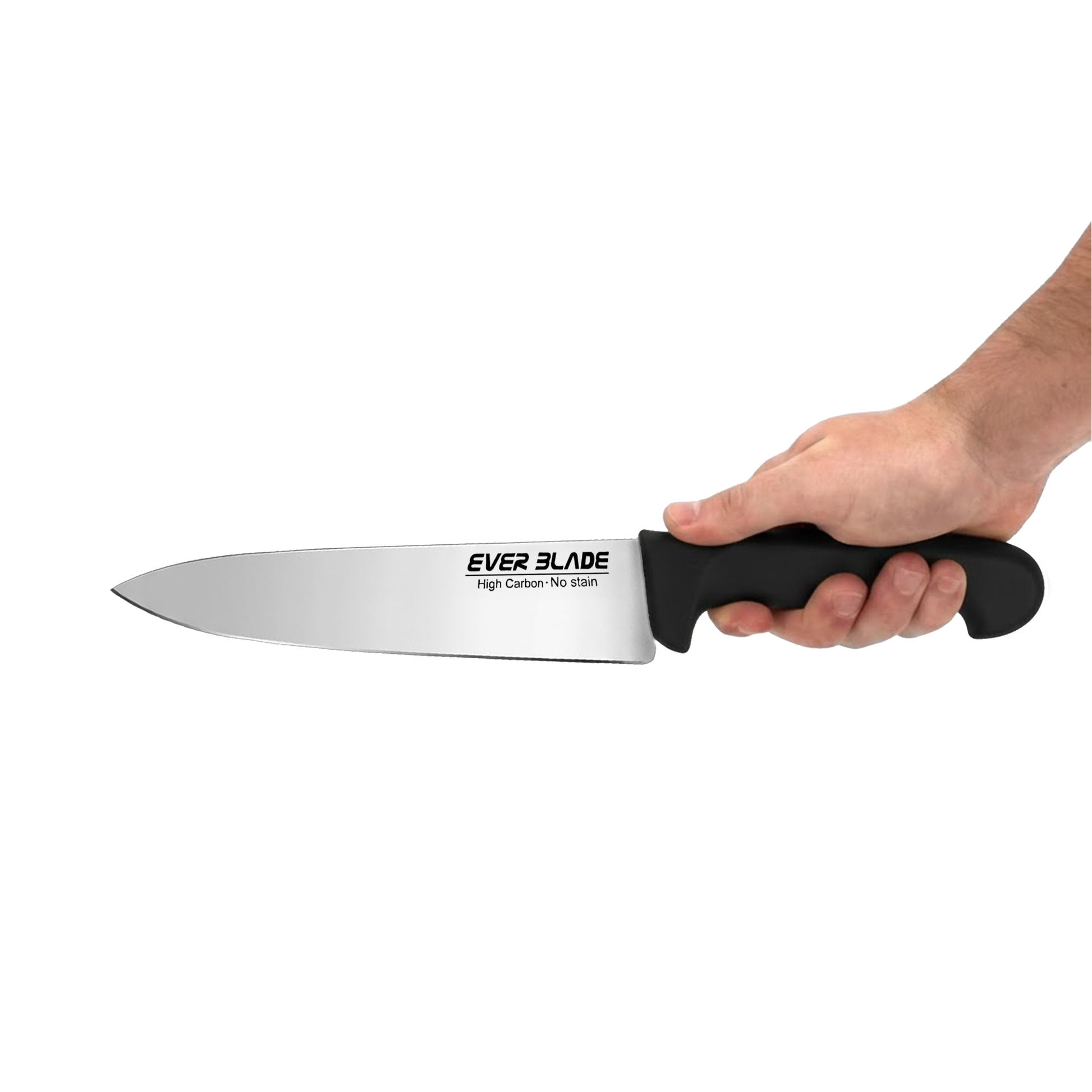 ever blade chef knife 200mm 8 inch black handle held in hand for size reference