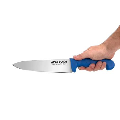 ever blade chef knife 200mm 8 inch blue handle held in hand for size reference