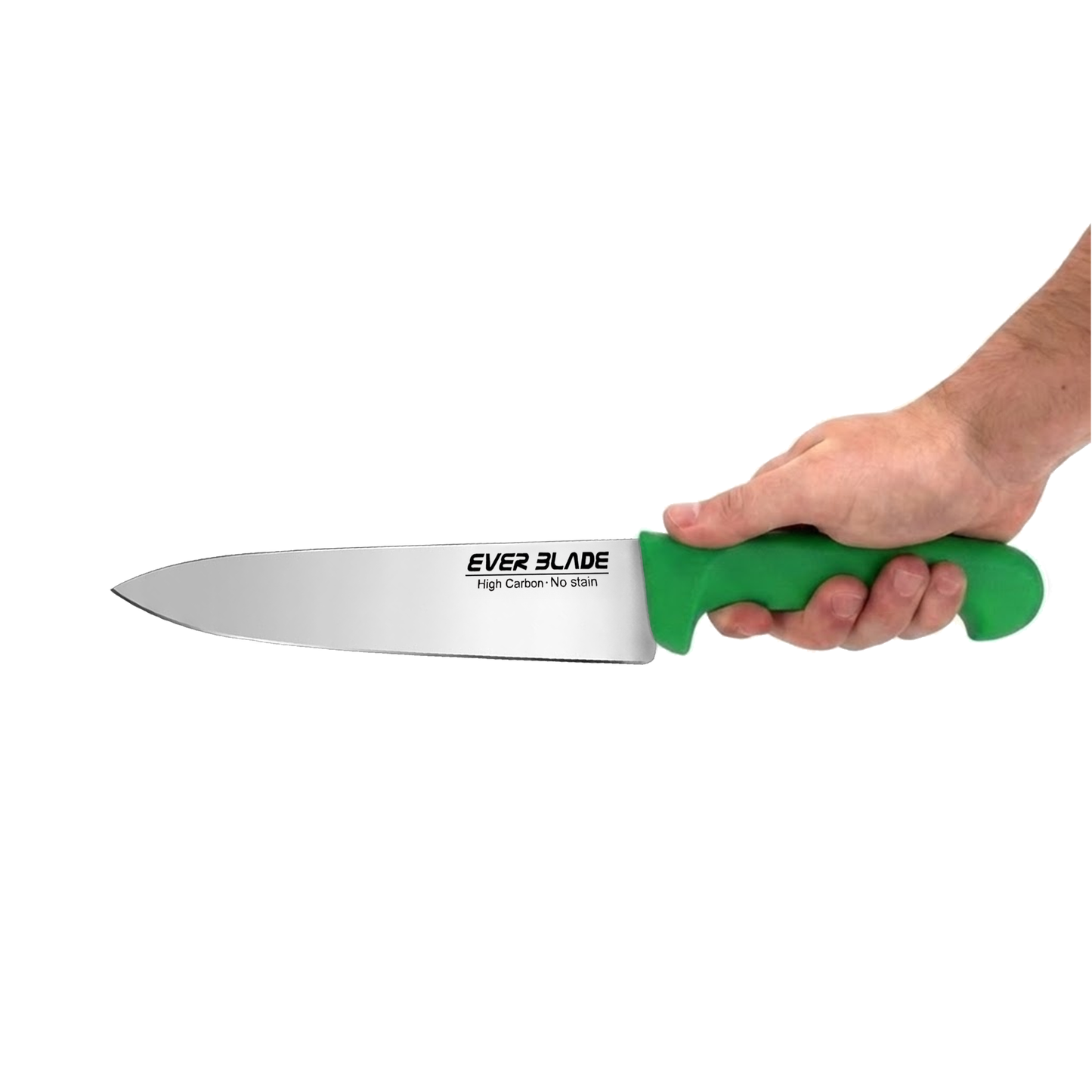 ever blade chef knife 200mm 8 inch green handle held in hand for size reference