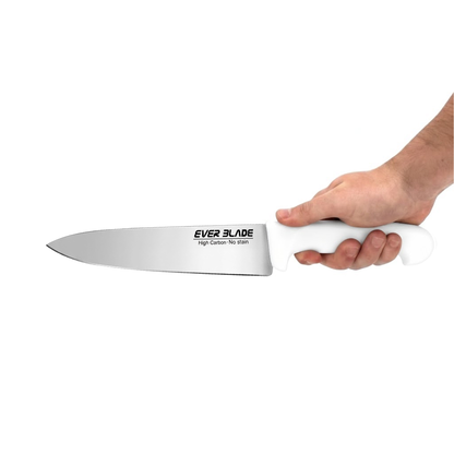 ever blade chef knife 200mm 8 inch white handle held in hand for size reference