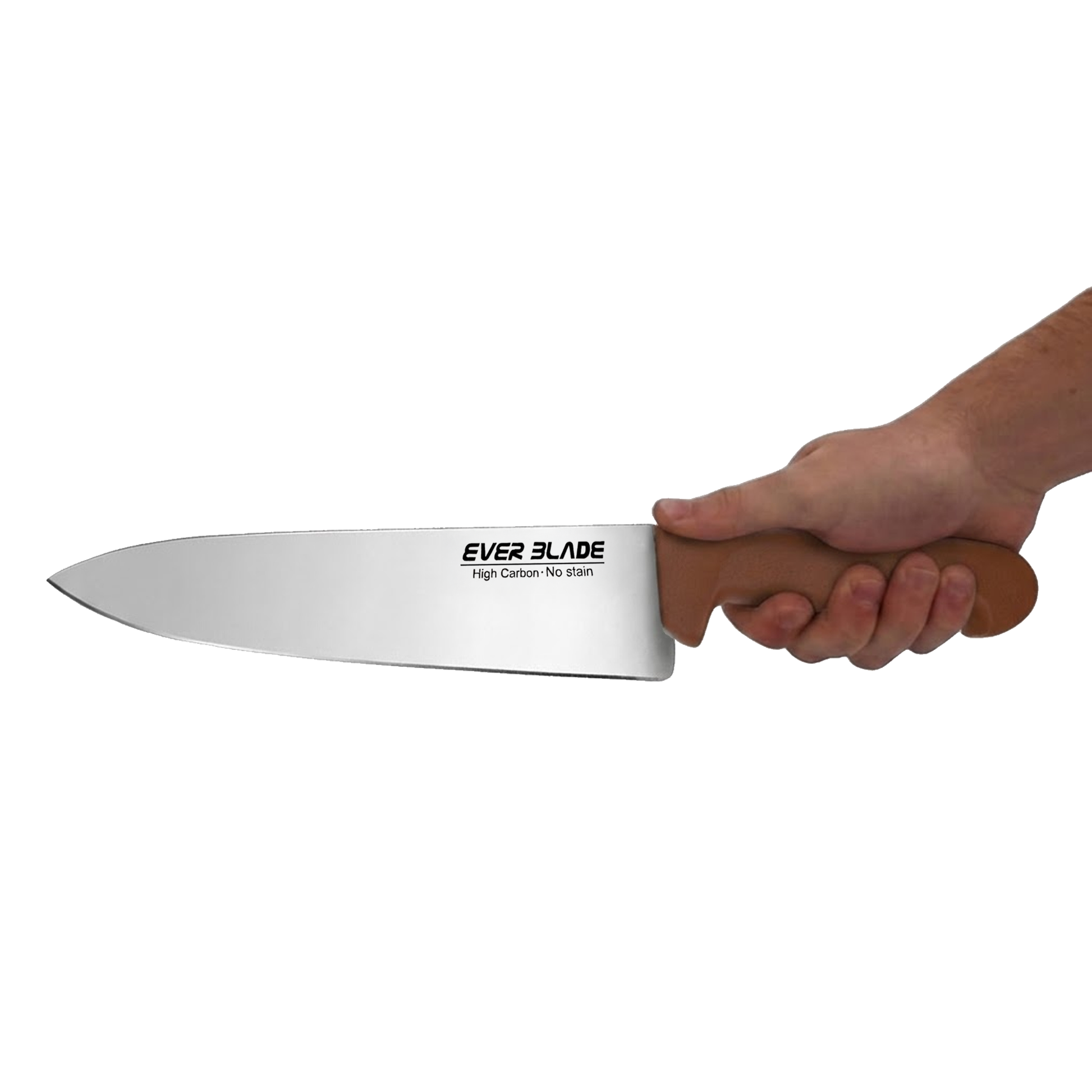 ever blade chef knife 250mm brown handle held in hand for size reference