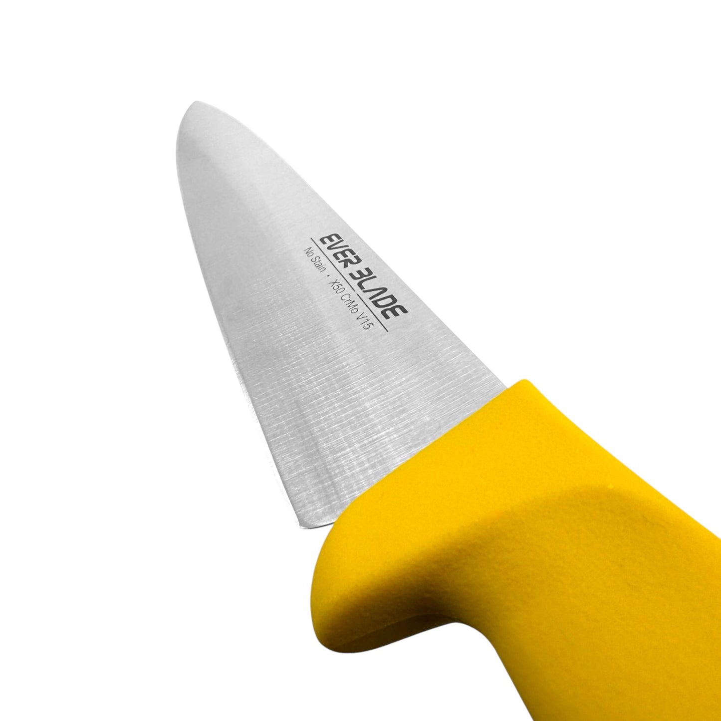 close up of japanese stainless steel blade on ever blade 190mm chef knife