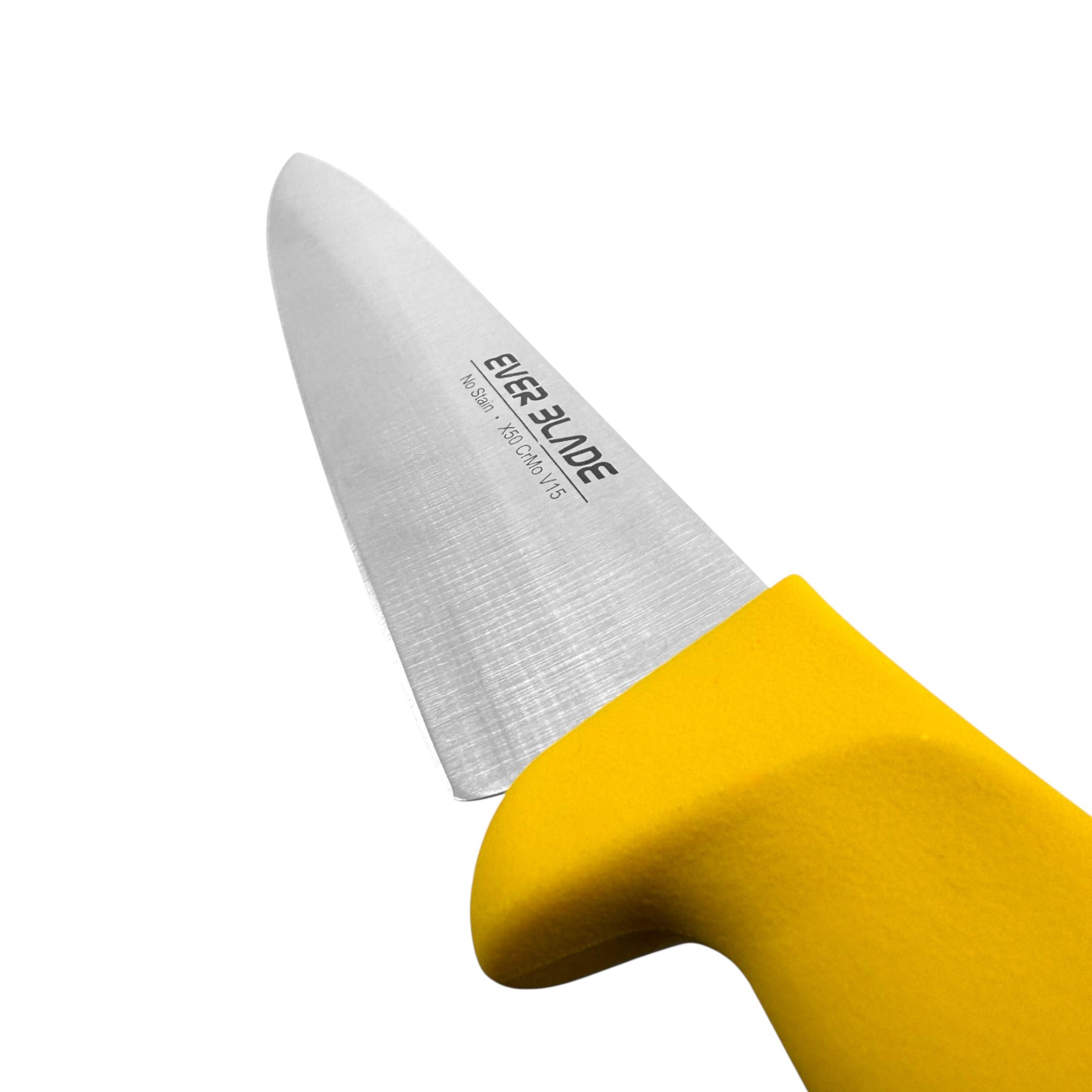 close up of japanese stainless steel blade on ever blade 190mm chef knife