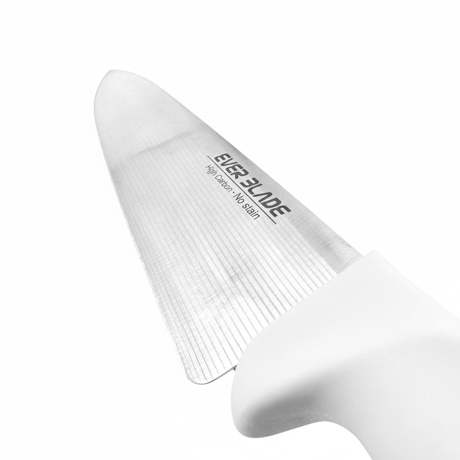 close up of japanese stainless steel blade on ever blade 200mm chef knife