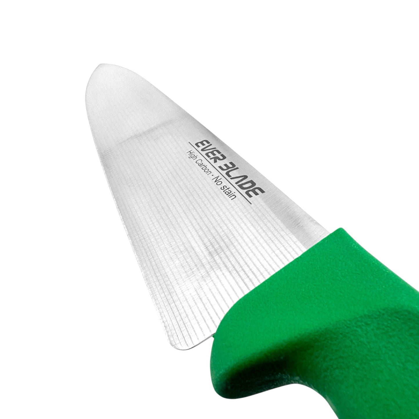 close up of japanese stainless steel blade on ever blade 200mm chef knife