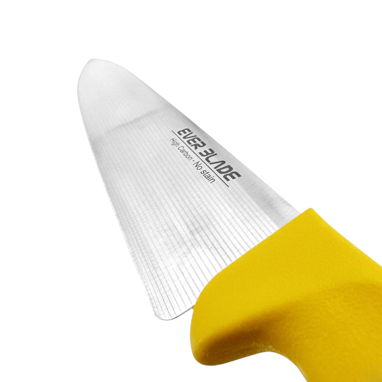 close up of japanese stainless steel blade on ever blade 200mm chef knife