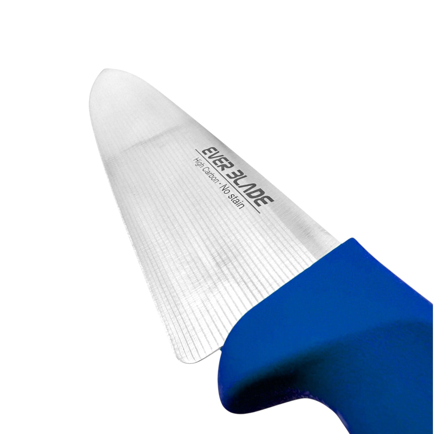 close up of japanese stainless steel blade on ever blade 200mm chef knife