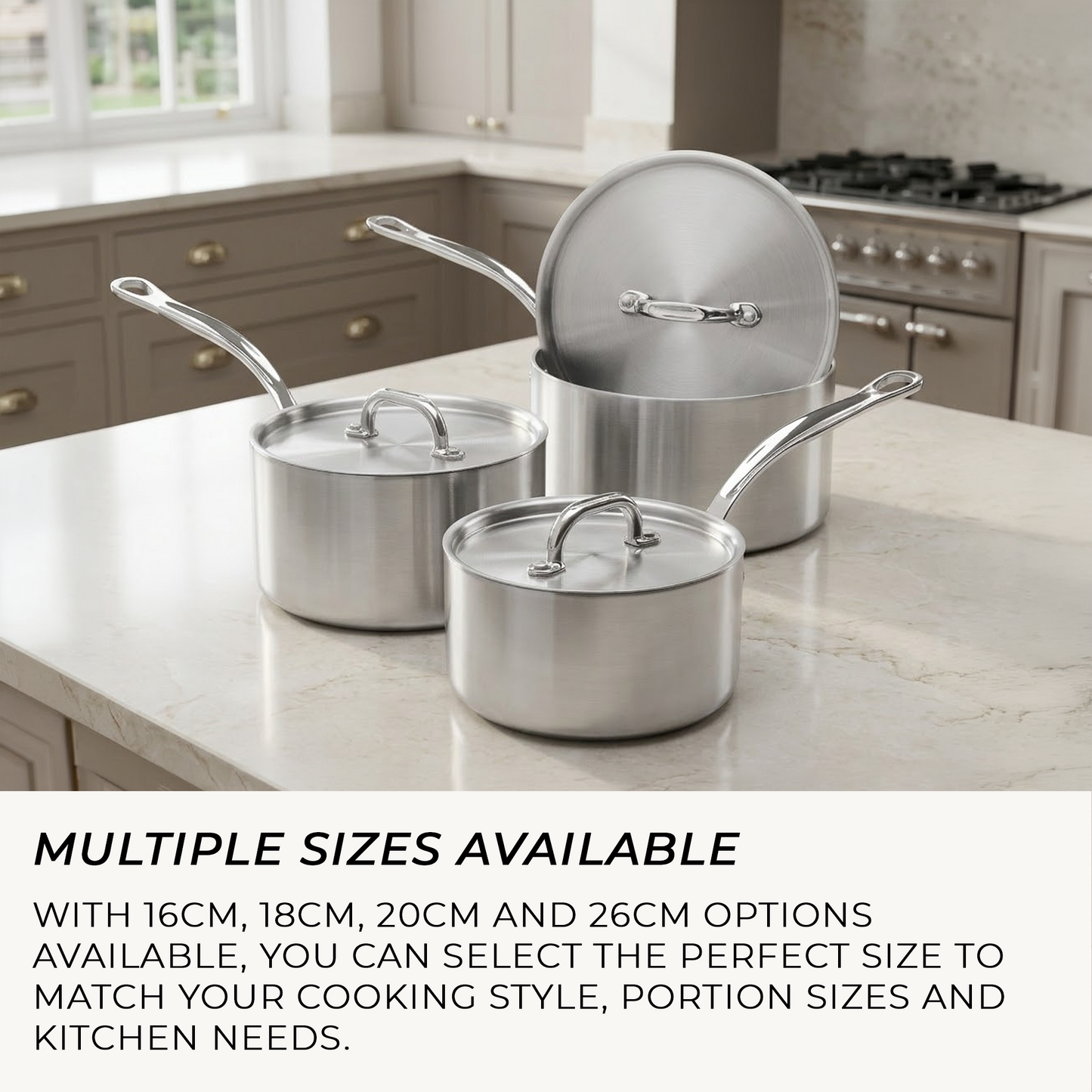 Set of stainless steel cookware on a kitchen counter with text about size options.