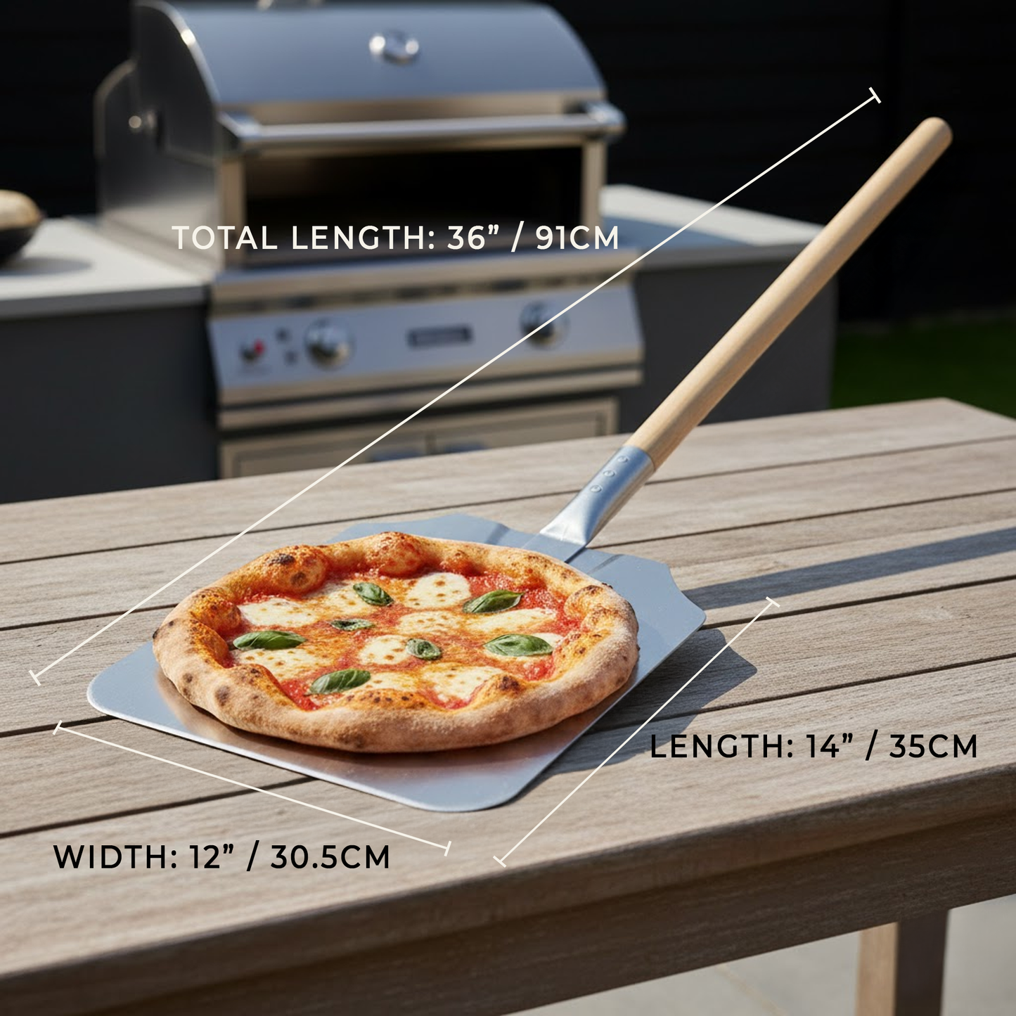 Pizza paddle showing 12 x 14 inch blade and 36 inch overall length for large pizzas
