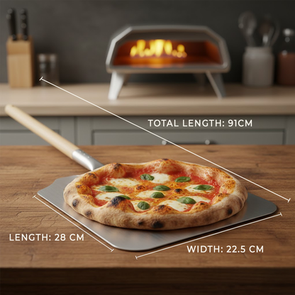 Pizza peel with 10 inch pizza showing 28 x 22.5 cm blade size and 91 cm overall length