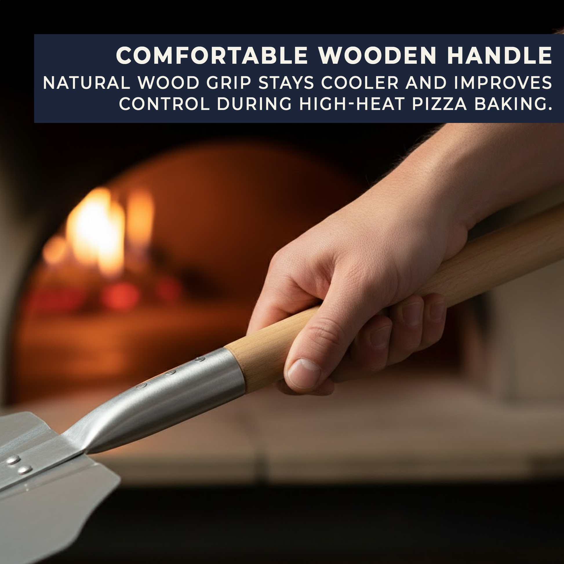 Natural wooden handle on aluminium pizza peel showing comfortable grip and quality finish