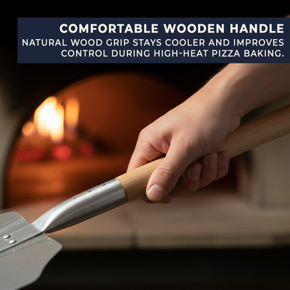 Natural wooden handle on aluminium pizza peel showing comfortable grip and quality finish