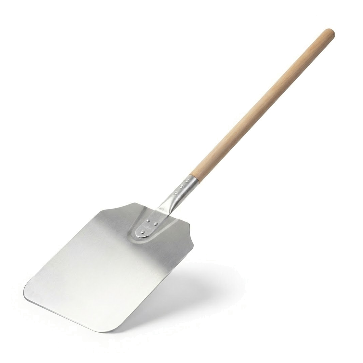 Professional aluminium pizza paddle with long wooden handle and 12 x 14 inch blade