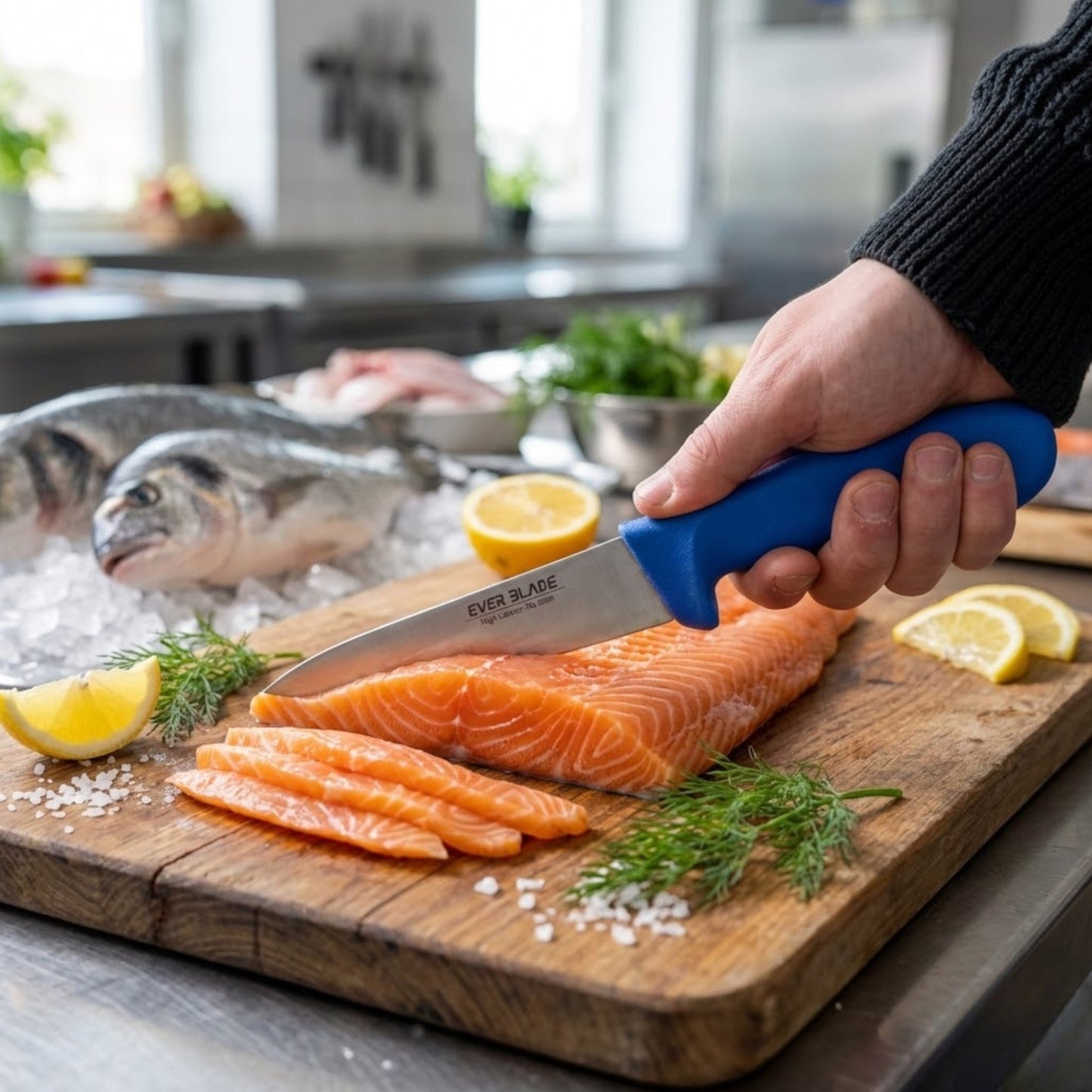 professional kitchen chef knife 160mm with blue handle used for precision prep