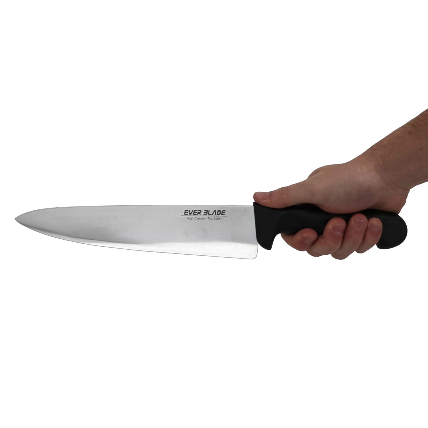 professional kitchen chef knife 250mm with black handle in hand used for high volume prep