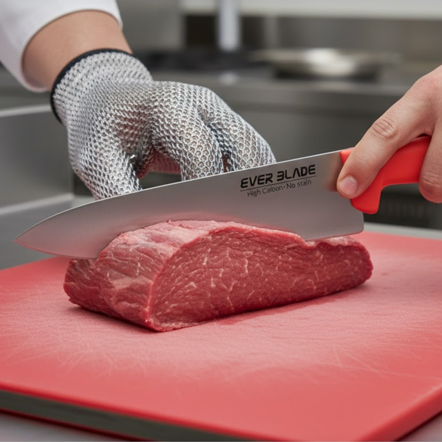professional kitchen chef knife 250mm with red handle used for raw meat prep