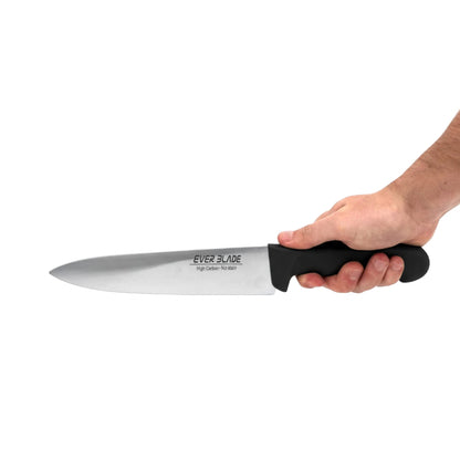 professional kitchen chef knife with black handle used for everyday food preparation