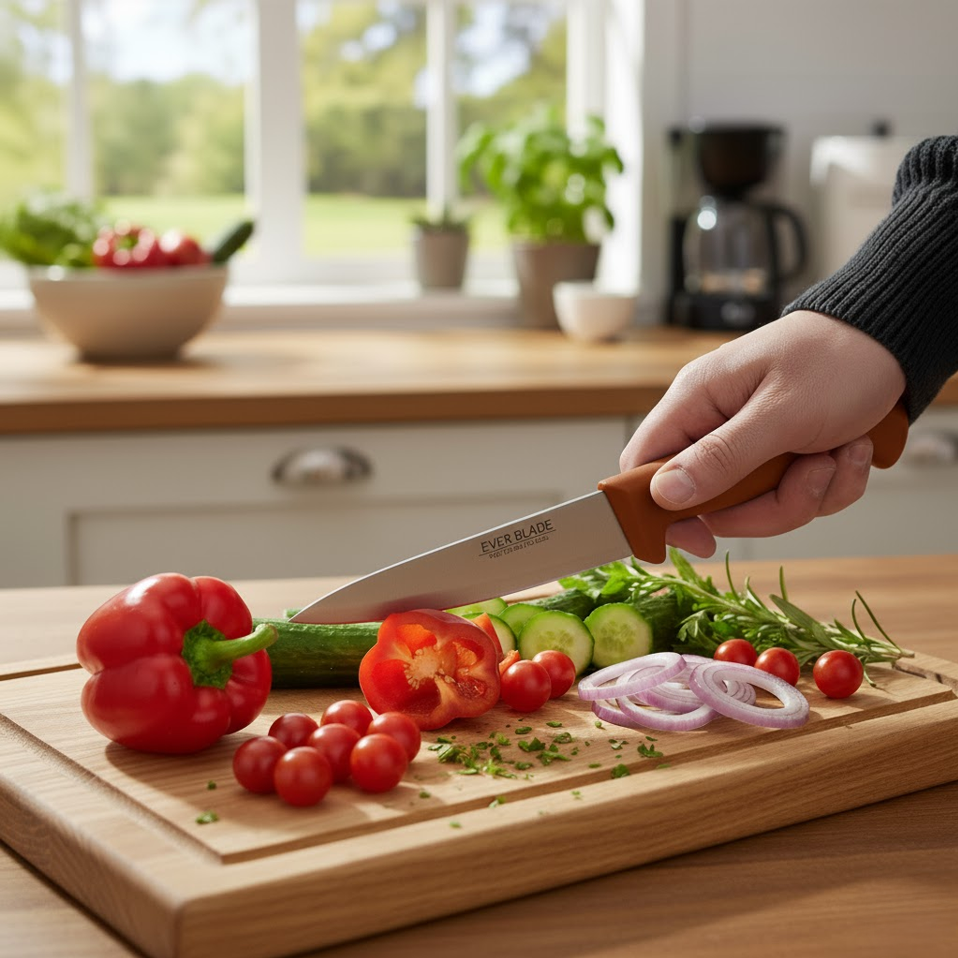 professional kitchen chef knife with blue colour coded handle in use