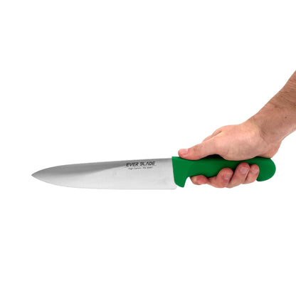 professional kitchen chef knife with green colour coded handle used for fruit preparation
