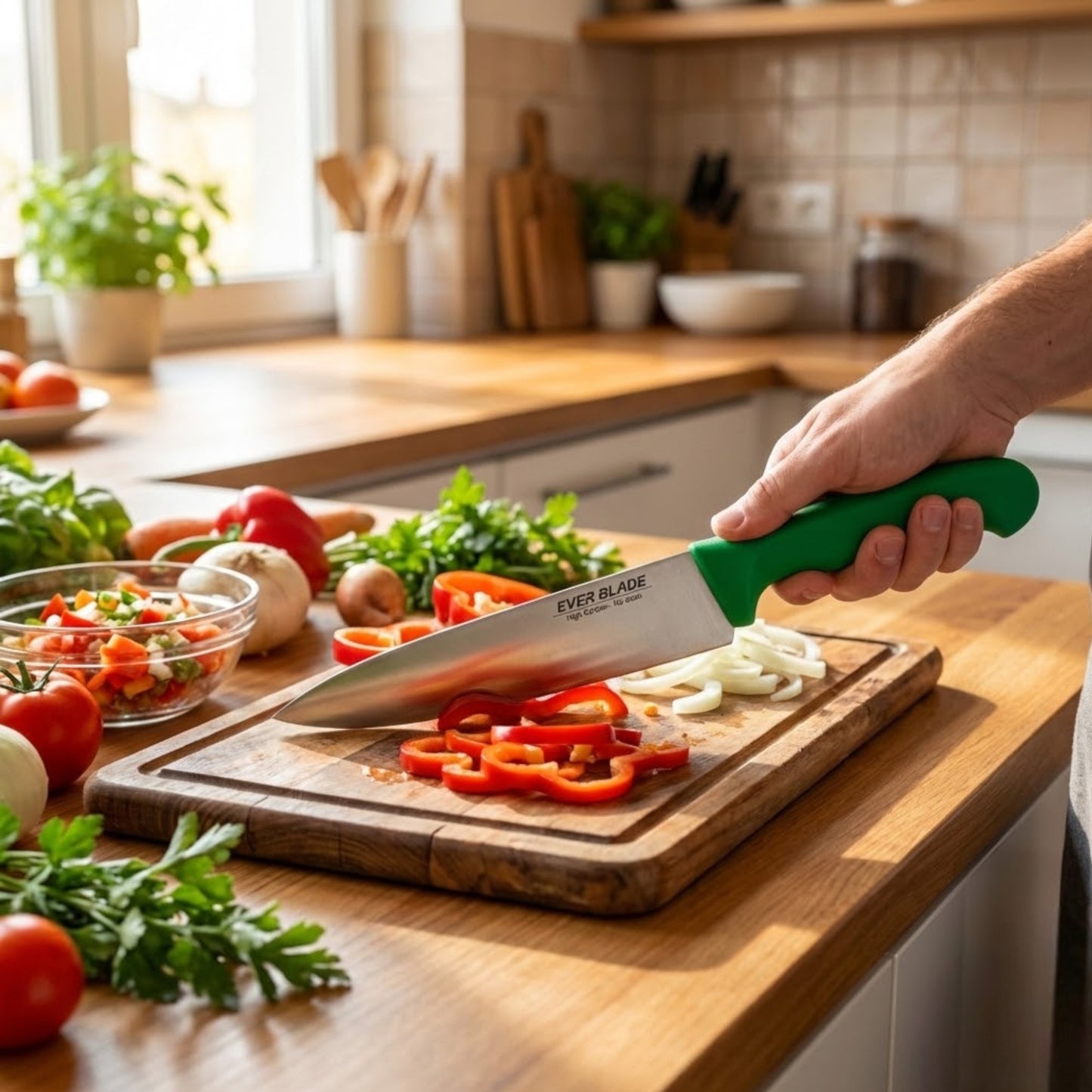 professional kitchen chef knife with green colour coded handle used for vegetable preparation