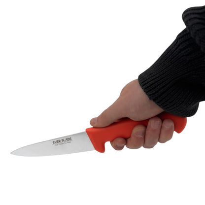 professional kitchen chef knife with red colour coded handle in use
