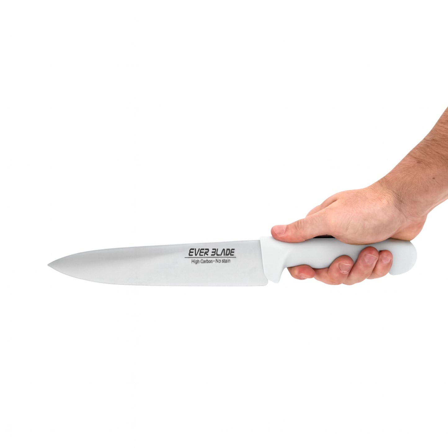 professional kitchen chef knife in hand with white colour coded handle used for cooked food preparation