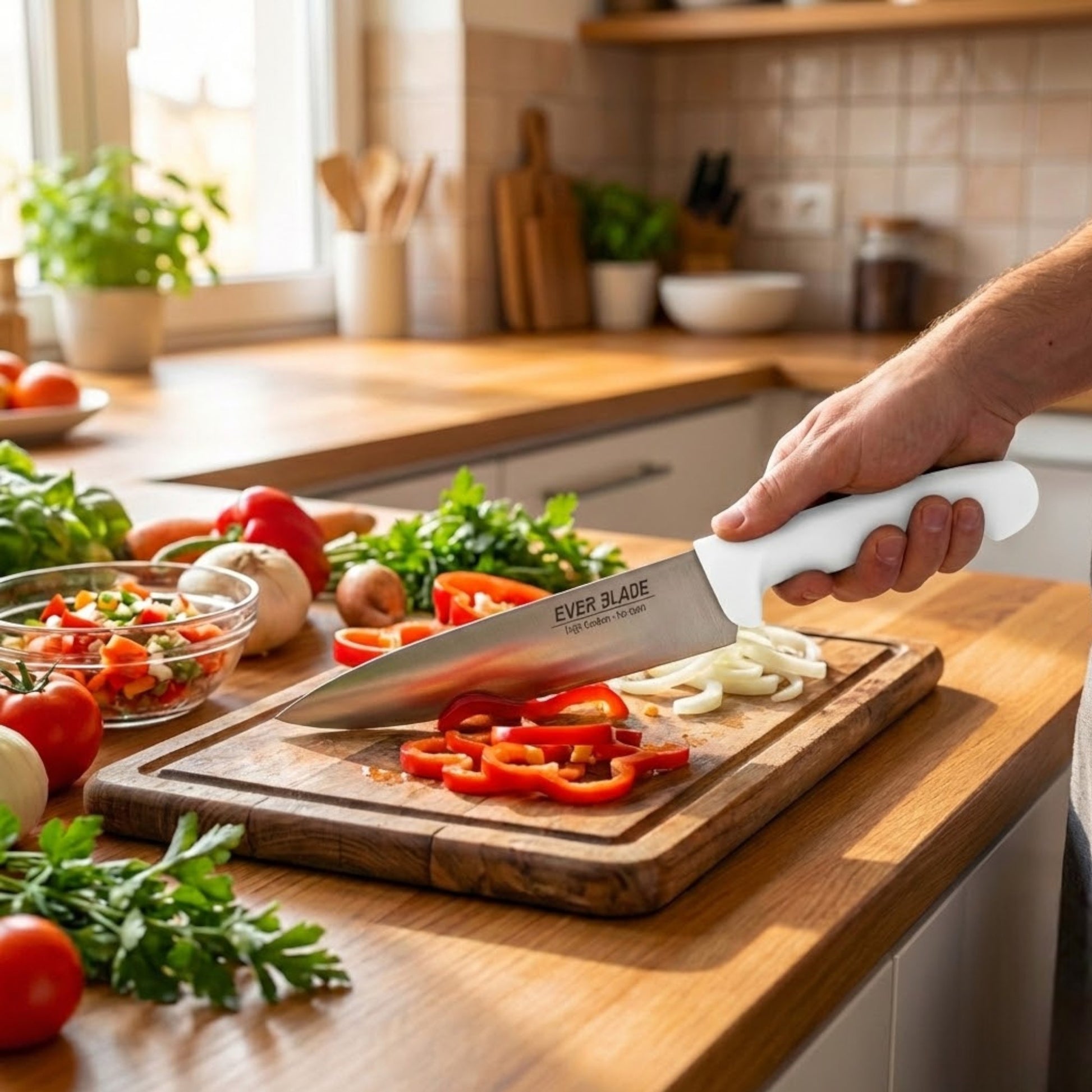 professional kitchen chef knife with white colour coded handle used for cooked food preparation