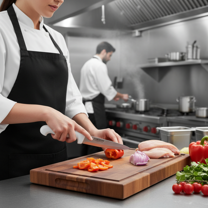 professional kitchen chef knife with white colour coded handle in use