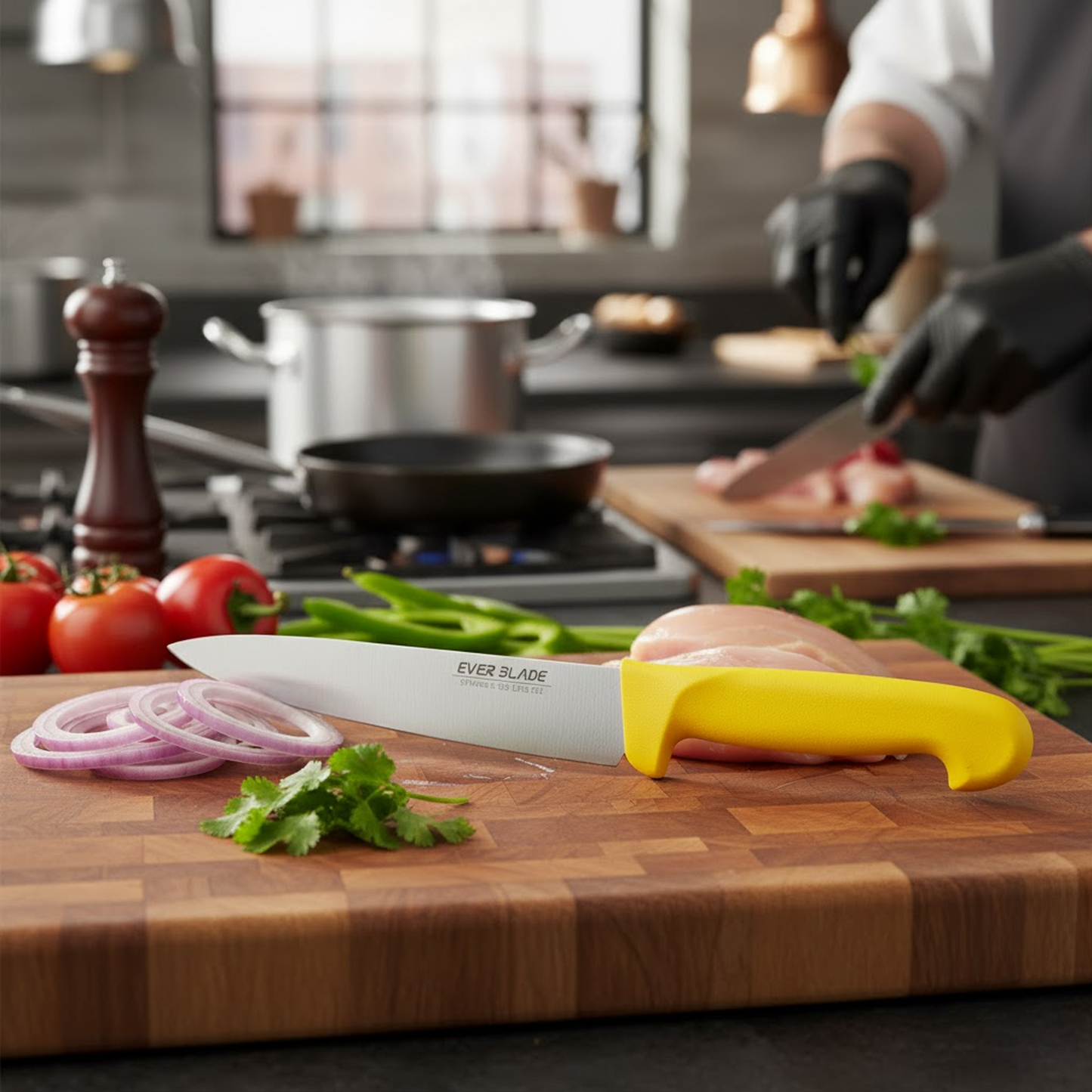 professional kitchen chef knife with yellow colour coded handle used for poultry preparation