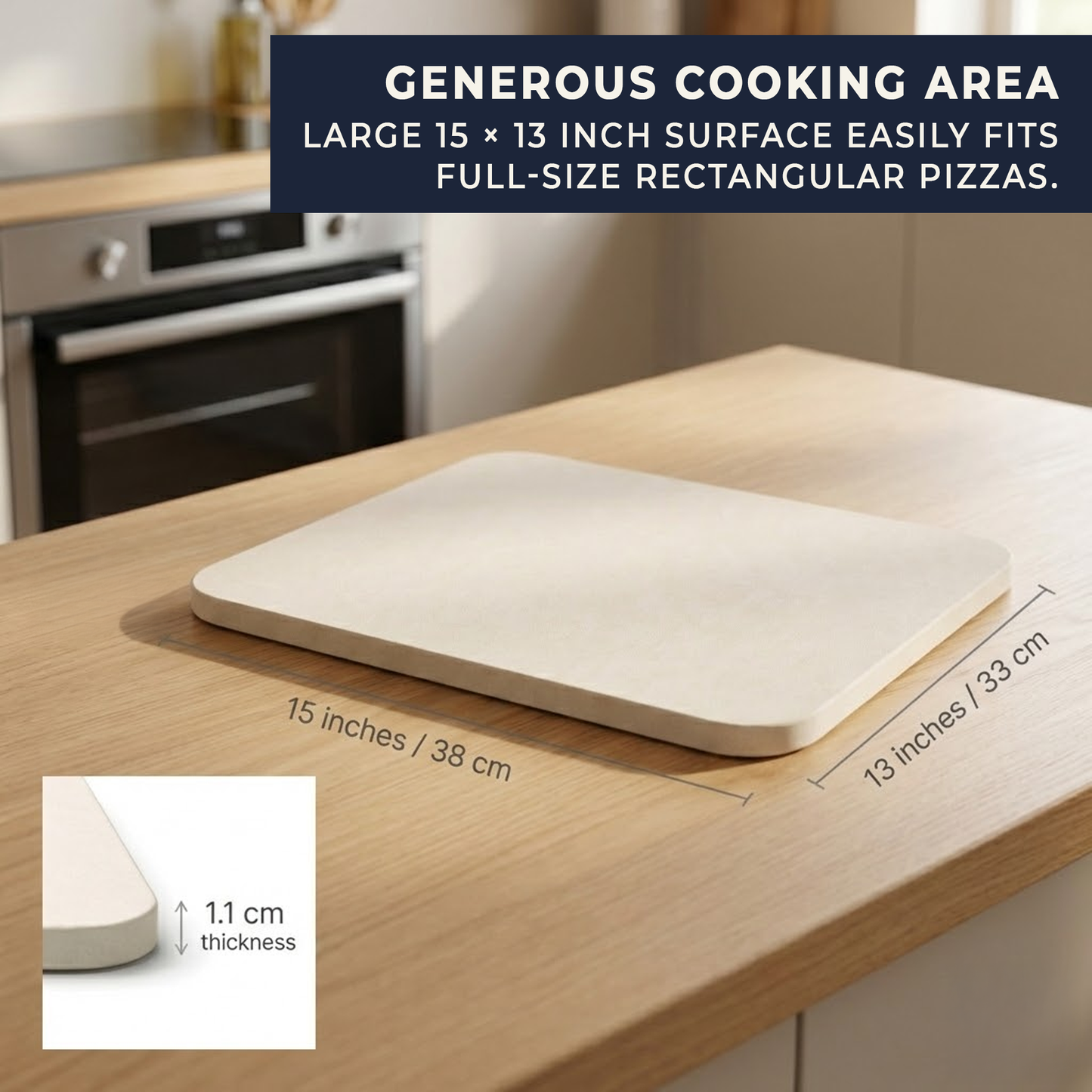 Rectangular pizza stone dimensions showing 15 x 13 inch size