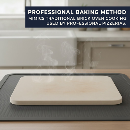 Wooden pizza stone on a baking mat with text about professional baking method.