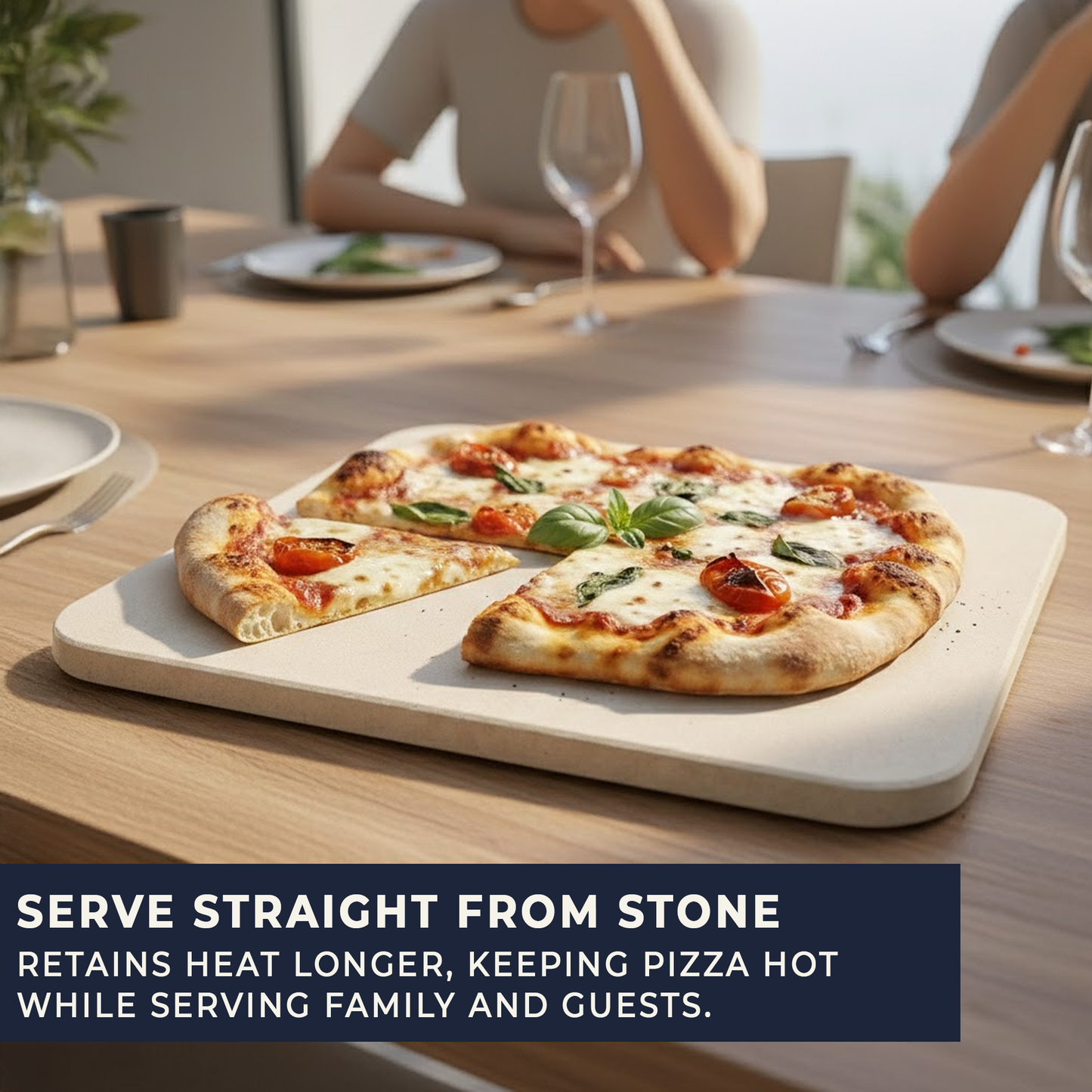 Pizza served on rectangular cordierite pizza stone during shared meal