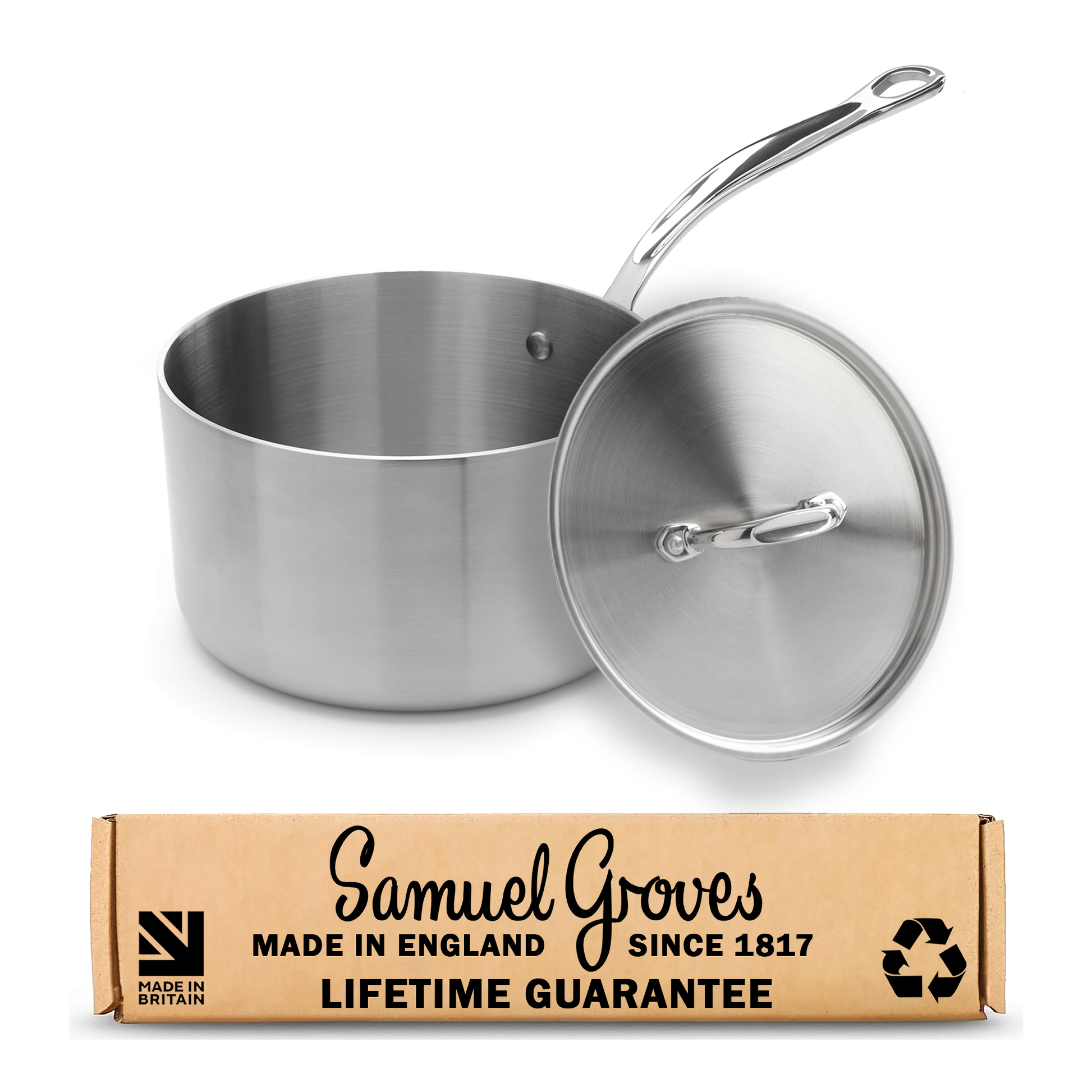 Stainless steel pot with lid and Samuel Groves packaging on a white background