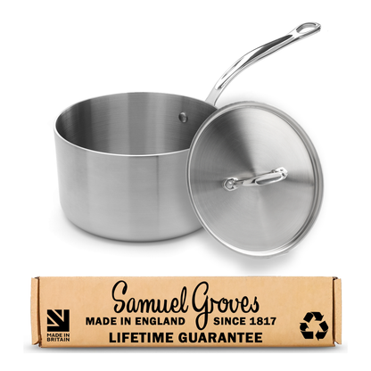 Stainless steel pot with lid and Samuel Groves packaging on a white background
