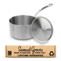 Stainless steel pot with lid and Samuel Groves packaging on a white background