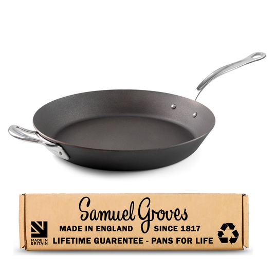 30cm seasoned carbon steel frying pan made in England induction and oven safe