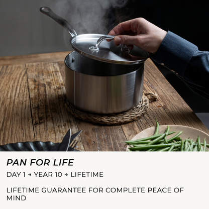 Stainless steel pot on a wooden table with steam rising, accompanied by text about a 'Pan for Life' guarantee.
