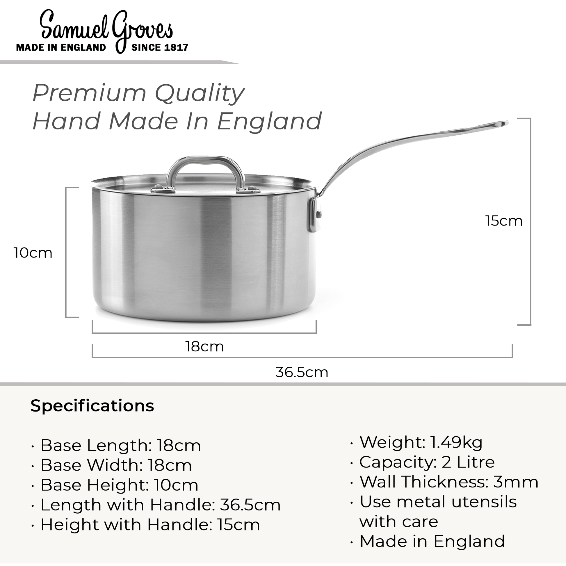 Stainless steel pot with dimensions and specifications on a white background, featuring Samuel Groves branding.