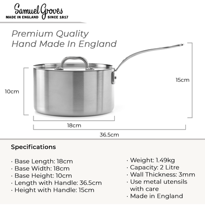 Stainless steel pot with dimensions and specifications on a white background, featuring Samuel Groves branding.