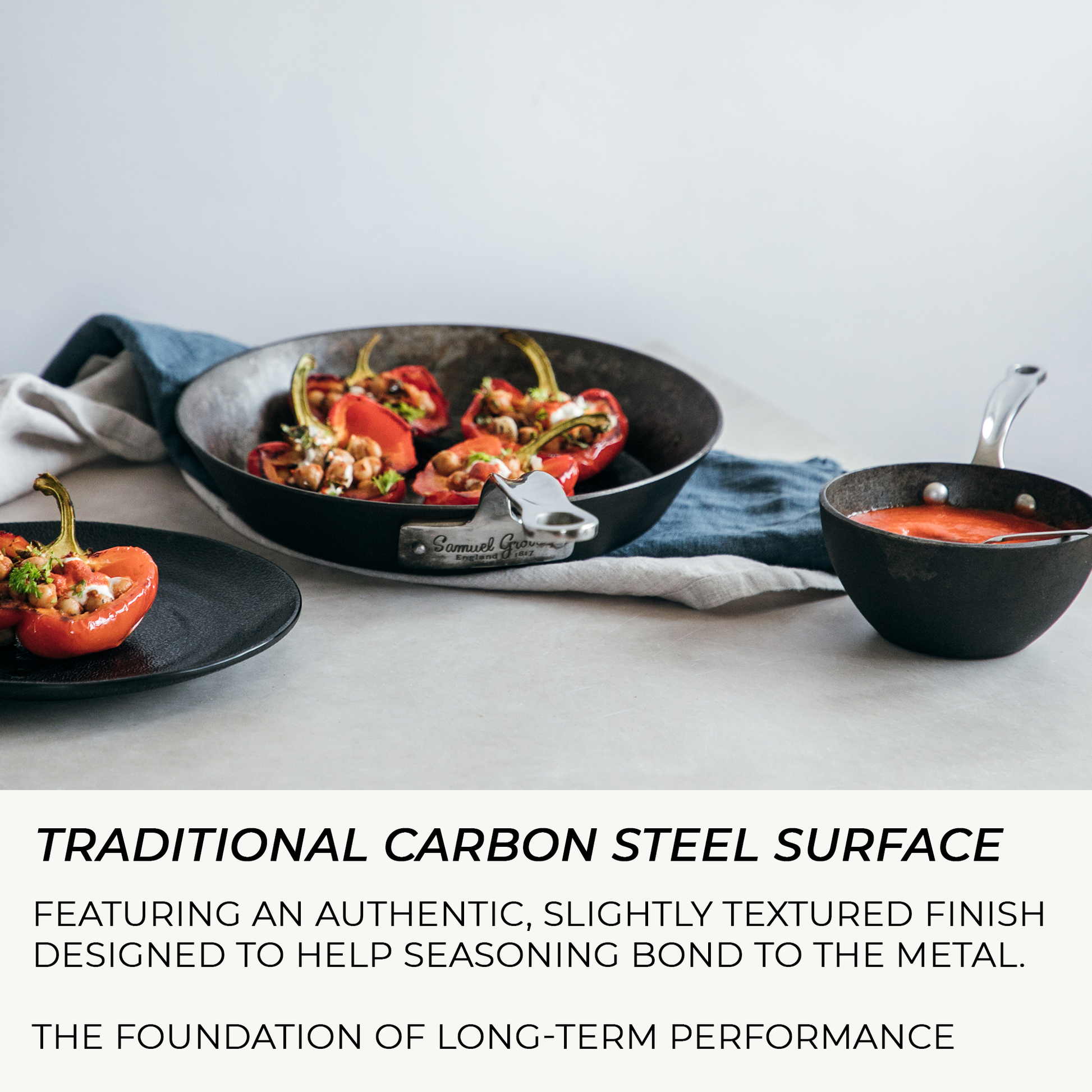 Seasoned carbon steel frying pan showing traditional slightly textured cooking surface