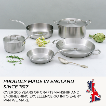 Set of stainless steel cookware on a white surface with text about craftsmanship and engineering excellence.